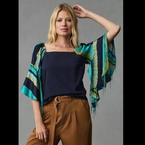 Anthro Tiny Beaded Boho Print Bell Sleeve Top